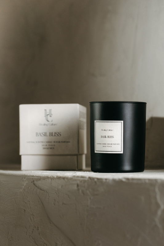 Basil Bliss candle in black glass jar by Healing Culture — basil, green tea, and peppermint scent.