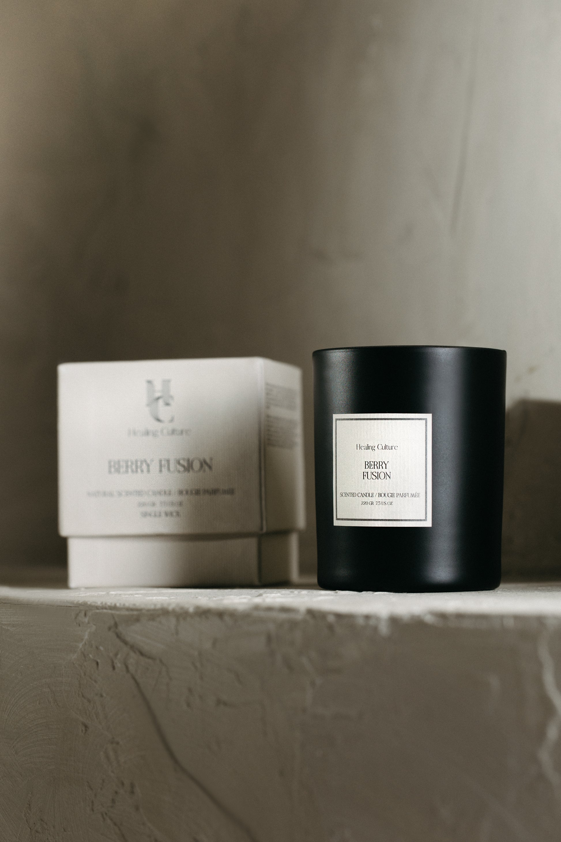 Berry Fusion candle in black glass vessel by Healing Culture — blueberry, cherry, and vanilla aroma.