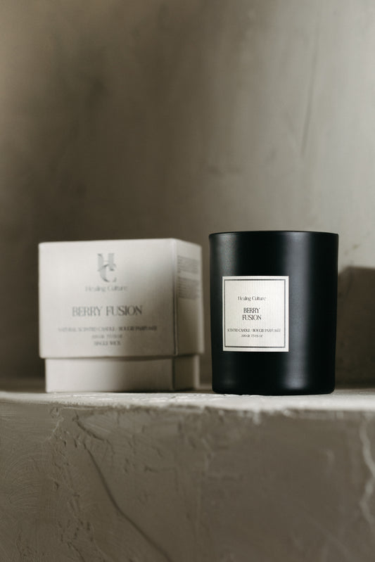 Berry Fusion candle in black glass vessel by Healing Culture — blueberry, cherry, and vanilla aroma.